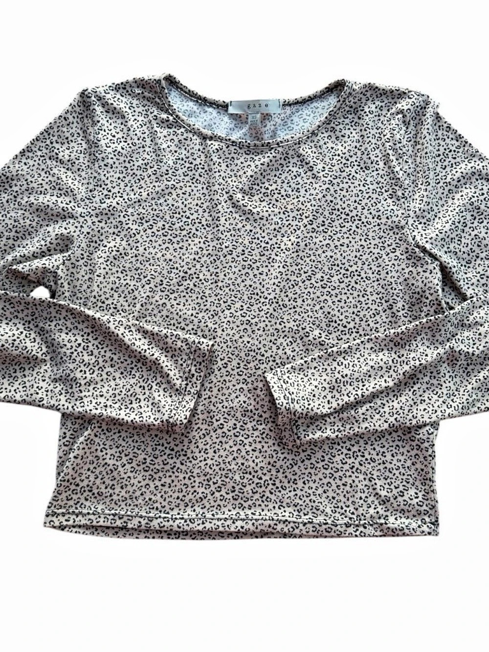 Gaze Women’s XS Leopard Print Long Sleeve Crewneck Crop Top Beige Black Animal